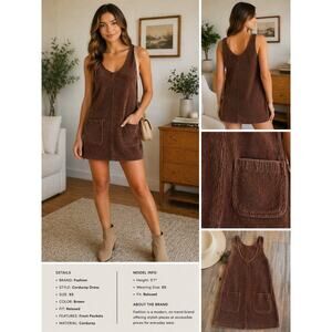 Fashion Corduroy Dress Womens XS Brown Sleeveless Pocket Mini Casual